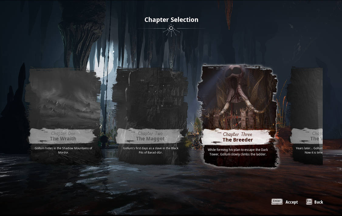 Chapter selection menu. Chapter 3, The Breeder, is highlighted, unacknowledged. There is an elephant skull in the chapter image, making it LITERALLY the elephant in the room.
