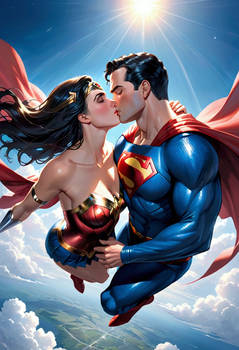 Superman flying and kissing Wonder Woman