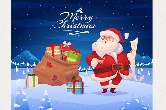 Funny santa with presents. Christmas greeting card