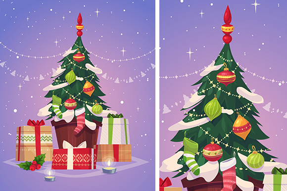 Christmas tree and gifts. Christmas greeting card