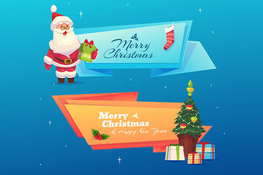 Set of banners with Funny santa  and presents