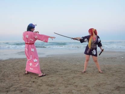 Fighting on the beach