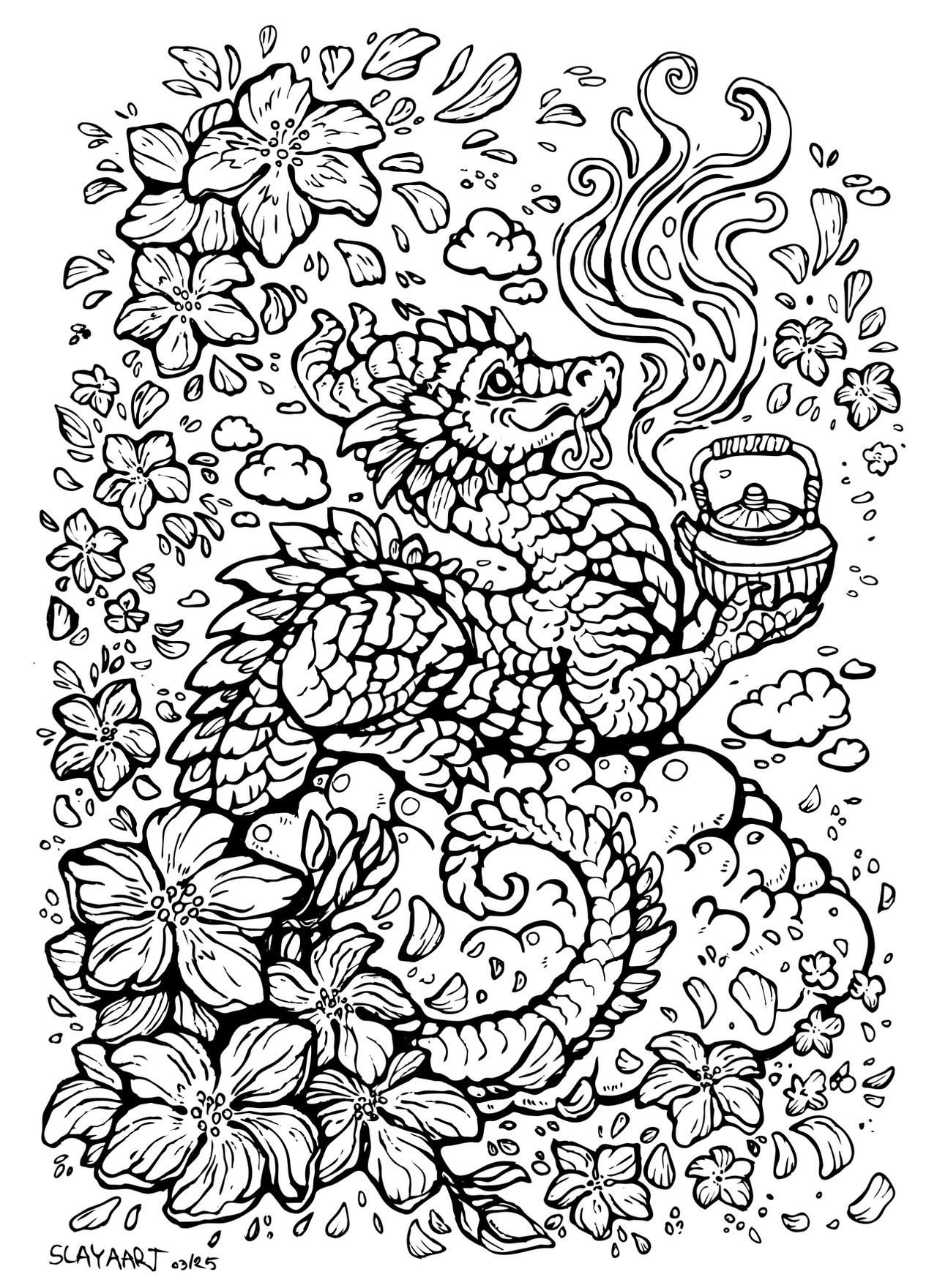 Hanami picnic happy dragon coloring page