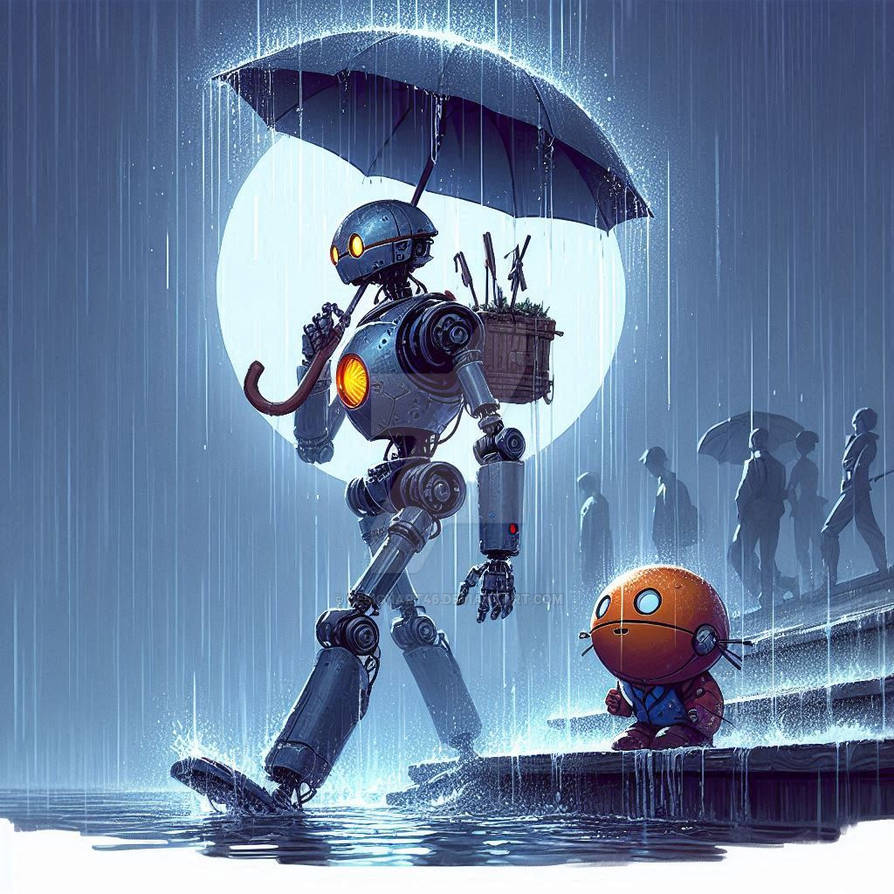 Umbrella Ribit Robot holding an umbrella amidst rain sparks by DesignArt46 on DeviantArt