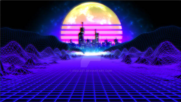 Retro Grid landscape with city and moon