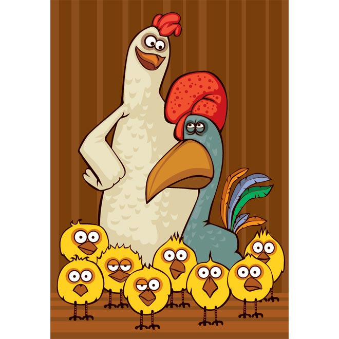 cock and hen with family