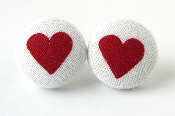 Button earrings posts red white hearts love