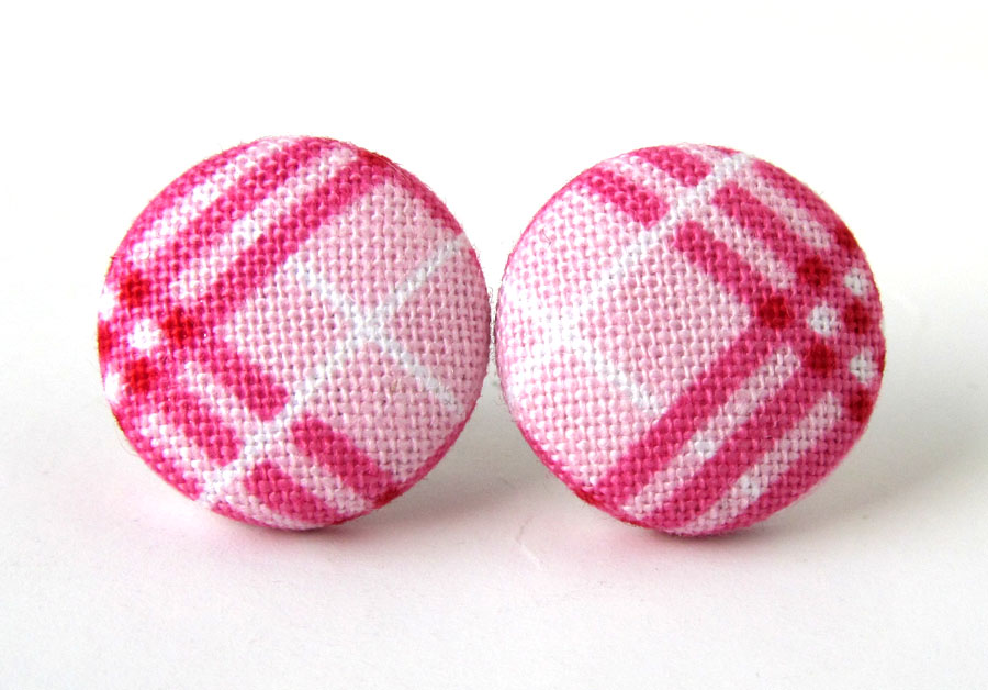 Pink white button stud earrings checkered plaid