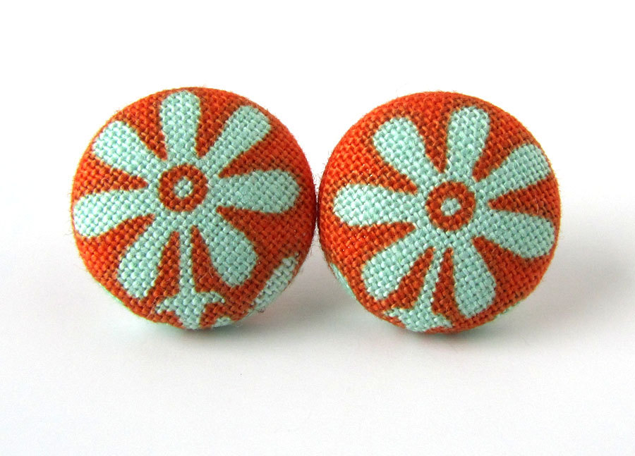 Orange button earrings studs blue turquoise flower