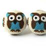 Owl button earrings studs white blue brown bird