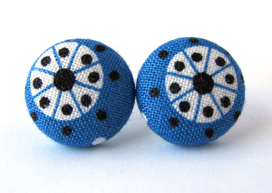 Button earrings stud post dark blue white black