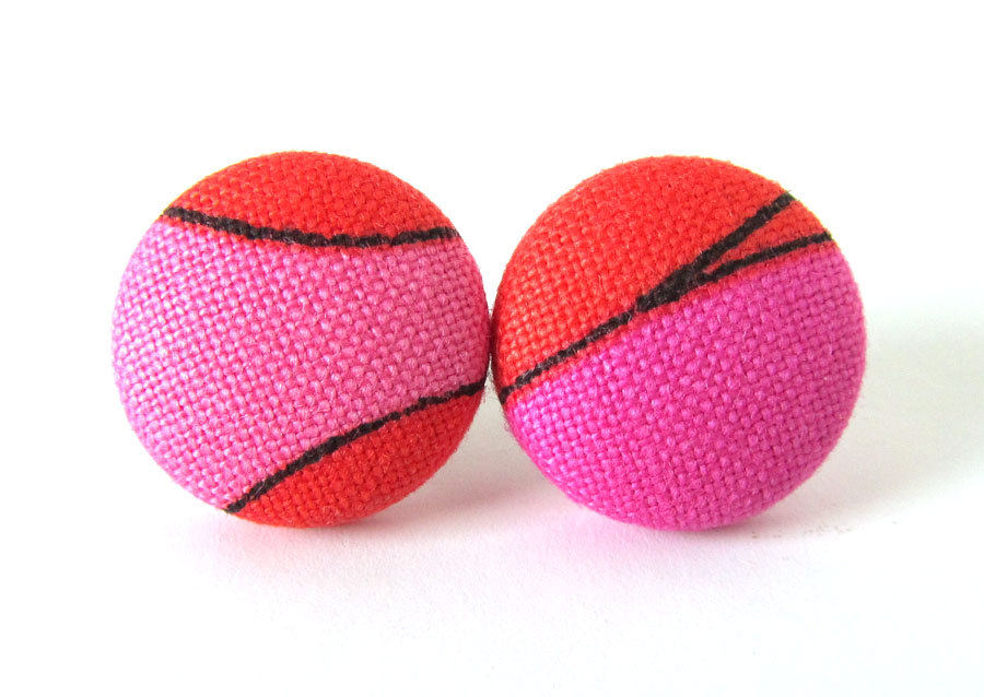 Button earrings studs pink tangerine tango orange