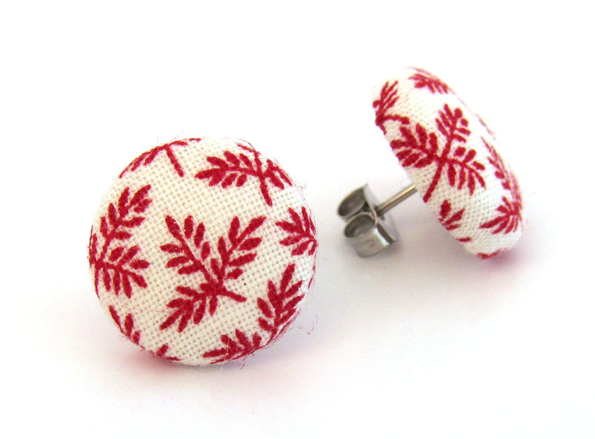 Red white button earrings studs leaf vintage retro