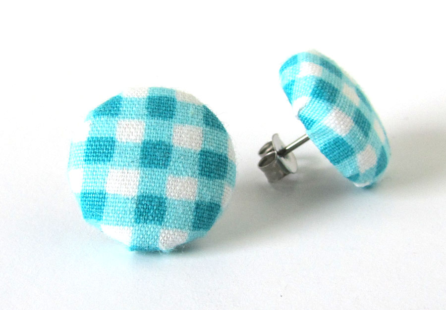 Blue gingham stud earrings button white plaid