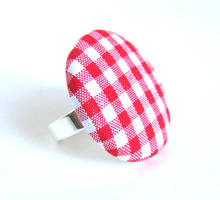 Large red gingham button ring white plaid tartan