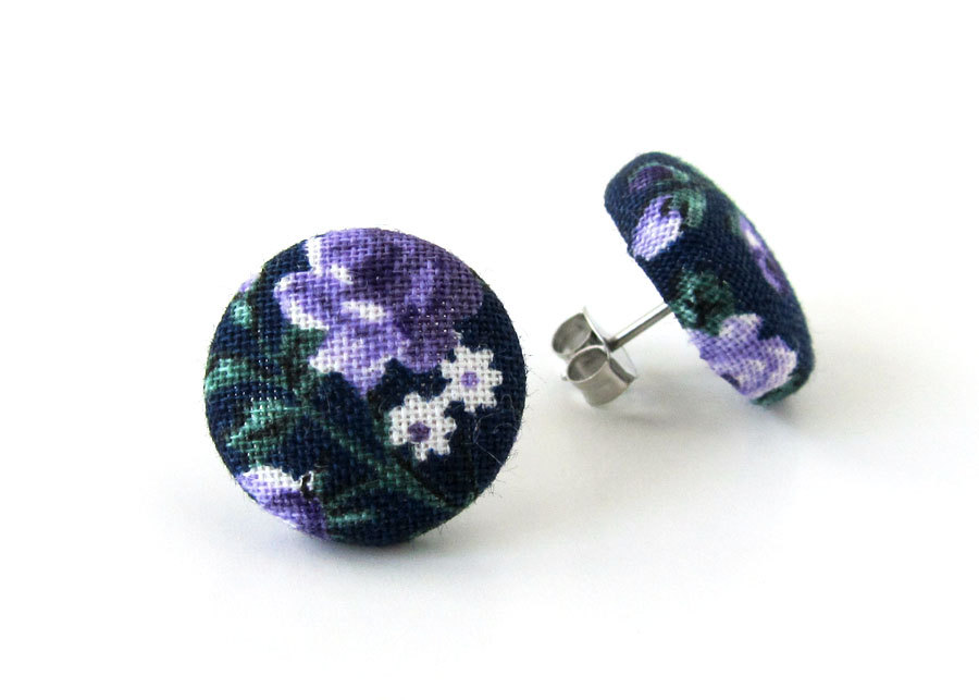 Round stud earrings - dark blue purple rose