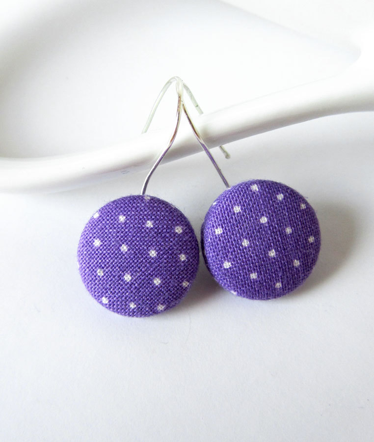 Purple earrings - fabric button dangle earring