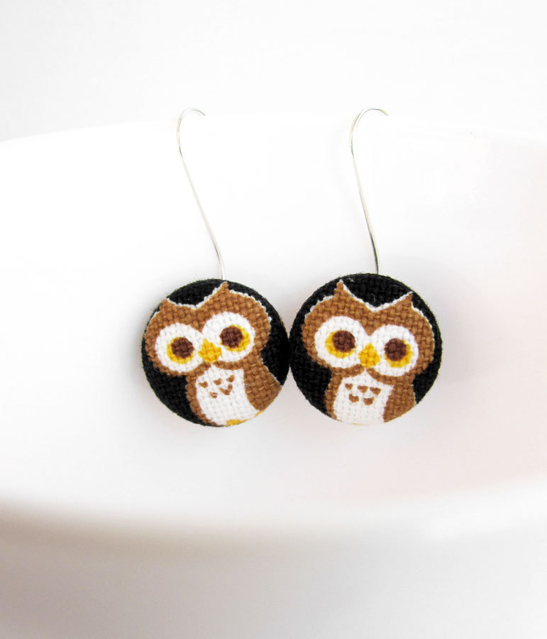 Owl earrings - bird dangle earrings - fabric