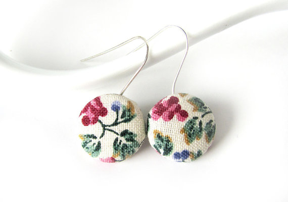 Flower fabric button earrings - tiny dangle