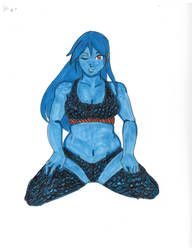 Blue Girl with Freckles in Lingerie