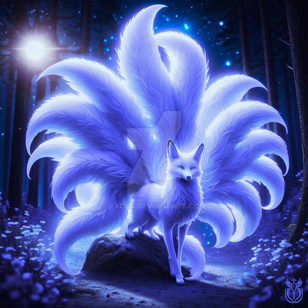 White-Purple Kitsune Fox At Night