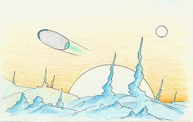 A scifi landscape sketch with a spaceship