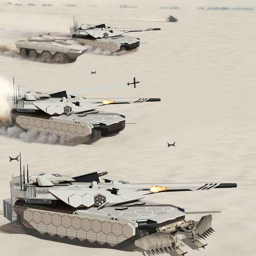 2038: Next-Generation Main Battle Tanks in desert by indowflavour