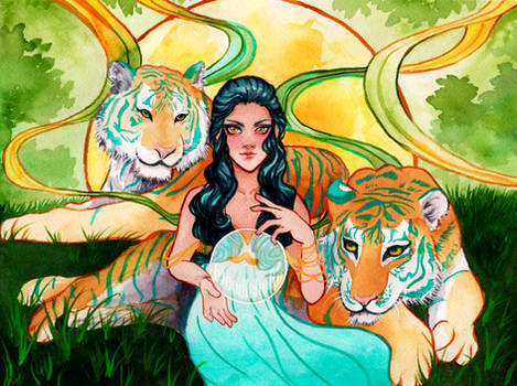 Watercolor Tigers and Lady