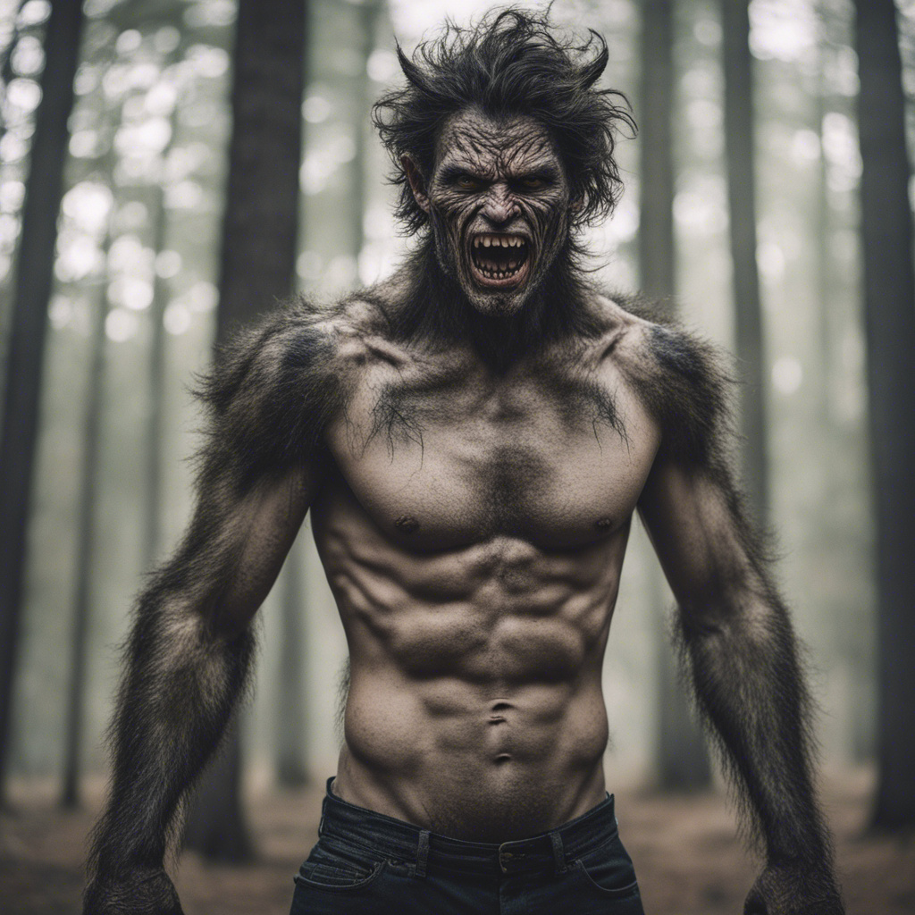 Human male transforming into a Werewolf in forest