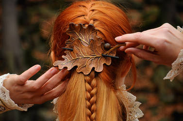 OAK LEAVES leather barrette hair clip FOR SALE by SilverclockCostumes
