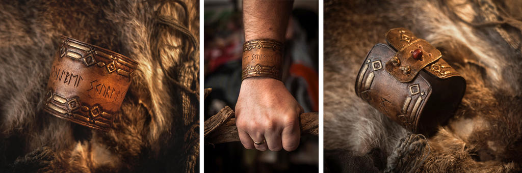 Runic Cuff Bracelet - leatherwork - for sell by SilverclockCostumes
