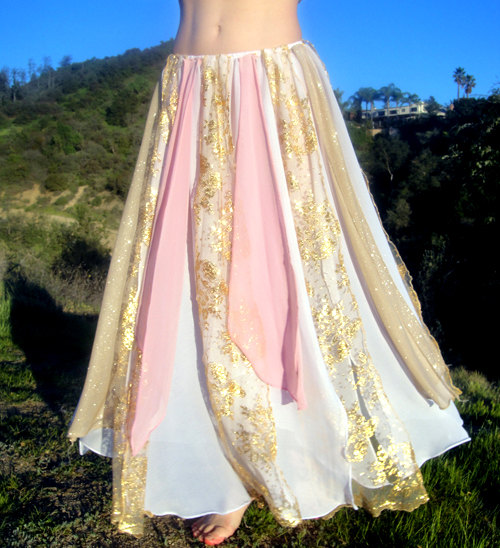 Ameynra belly dance skirt white chiffon gold lace