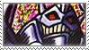 A stamp of Craniamon, it has marker like linework and a colorful pixel background