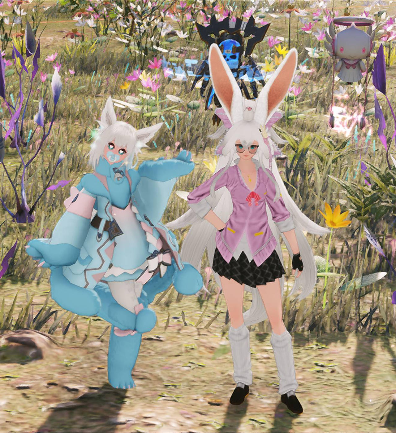 My pso2 character and a bunny friend~ by hadesman123 on DeviantArt