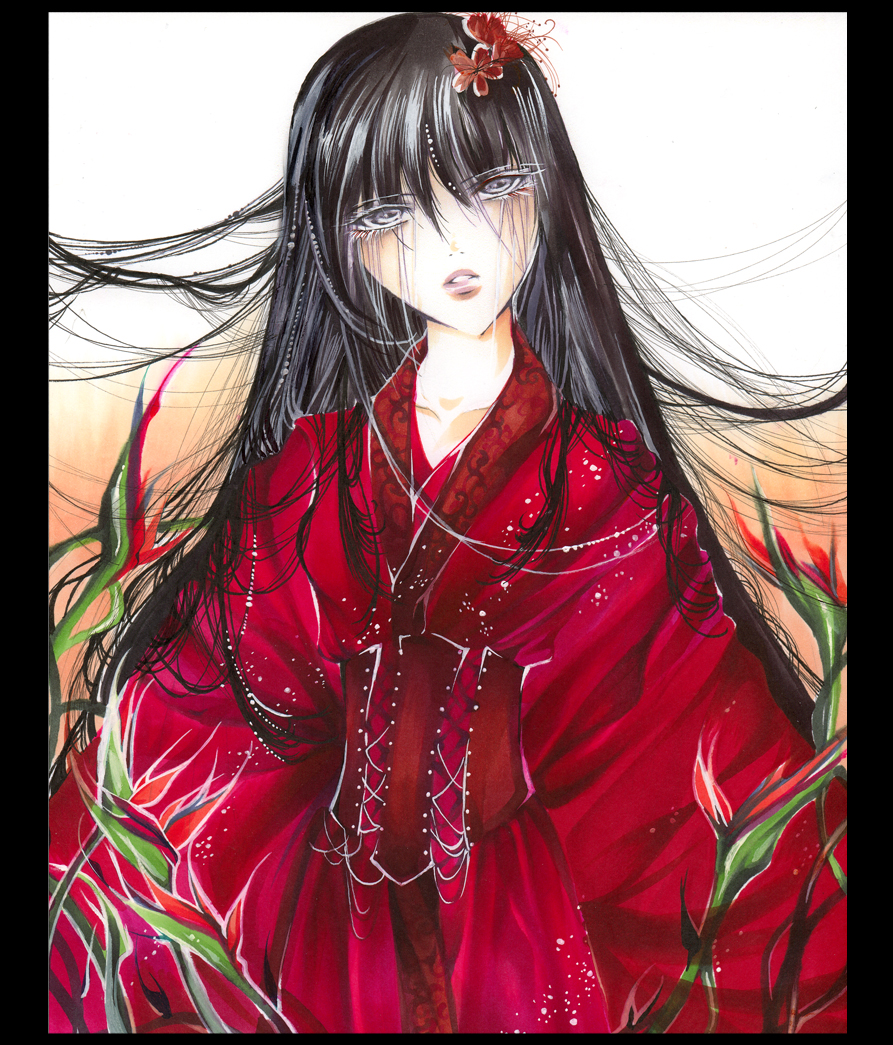 Red kimono and flowers