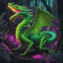 Neon female forestdragon surrounded by trees