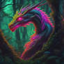 Neon female forestdragon surrounded by trees