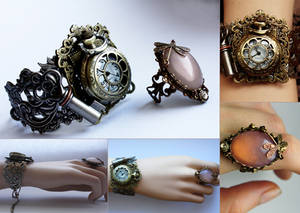 Set of steampunk cuff and pale pink ring