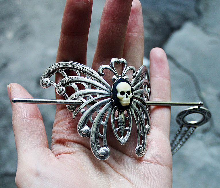 Gothic moth skull hair pin II