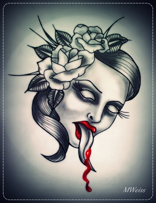 woman's dead head with roses tattoo flash