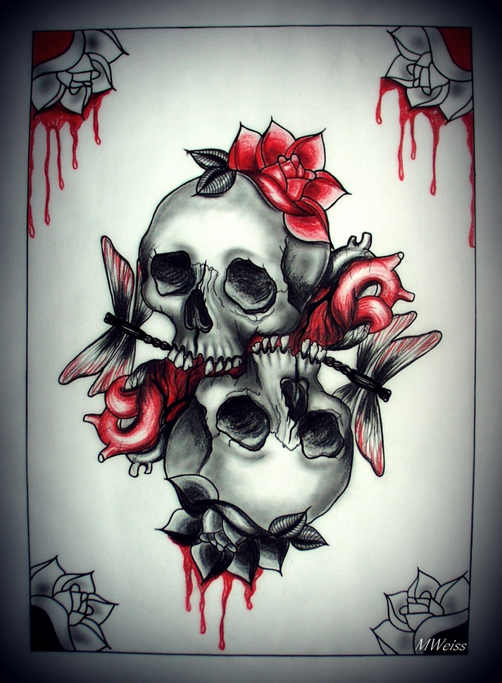 LOVE YOU TO DEATH tattoo flash skulls