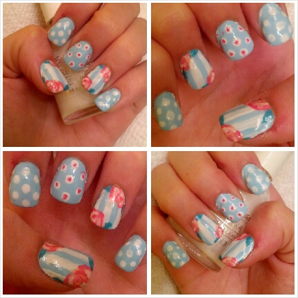 Blue, Pink, and White Rose Nails