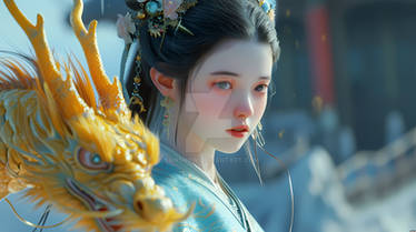 dragon stands a Chinese Beautiful girl