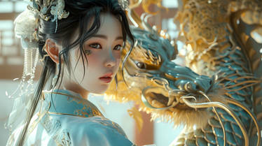 dragon stands a Chinese Beautiful girl