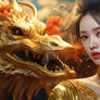 A beautiful China girl and a golden Chinese dragon
