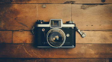 Top View Of An Old Camera On Wooden Table