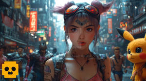 Cyberpunk Girl with Pikachu in Futuristic City
