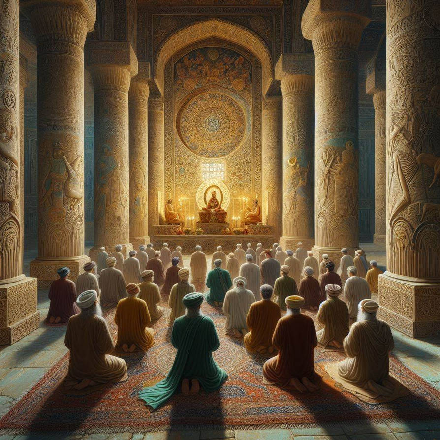 Zoroastrian prayer scene in an ancient temple by BlueNote47Liner on