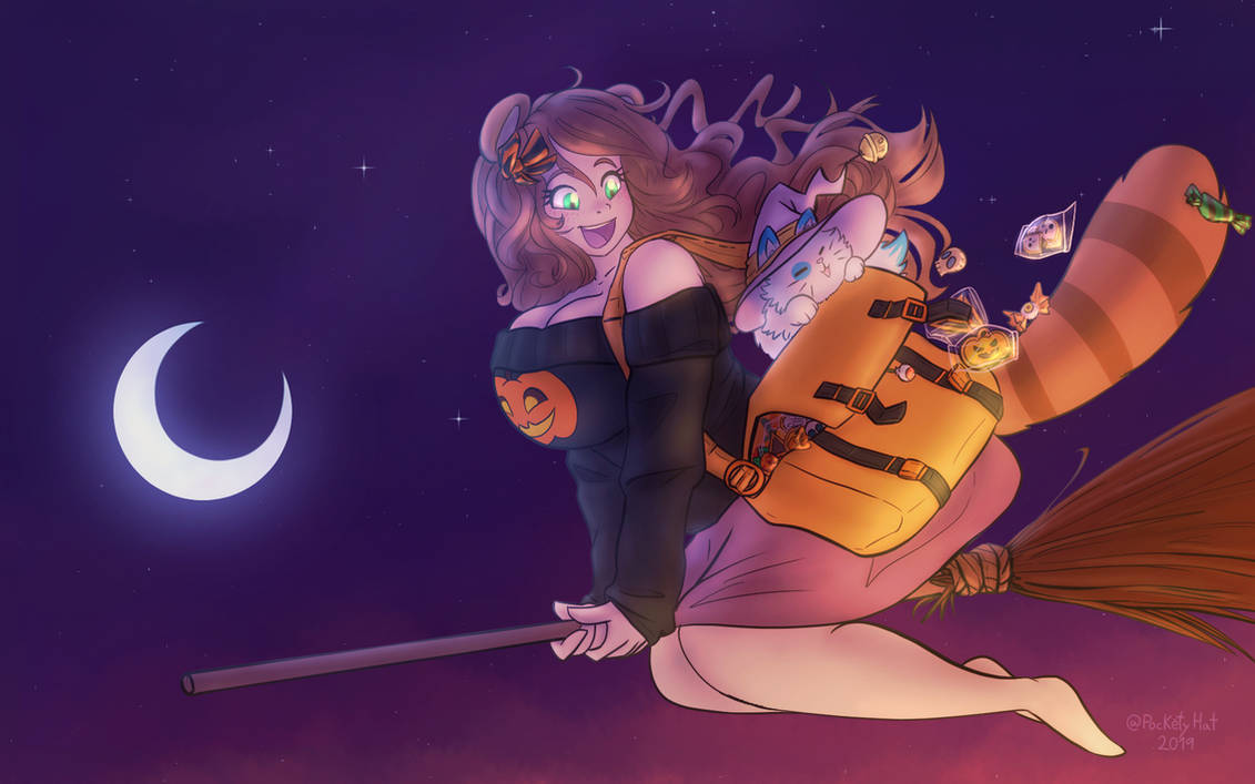 Girl flying on a broom with a cat for Halloween, 2019