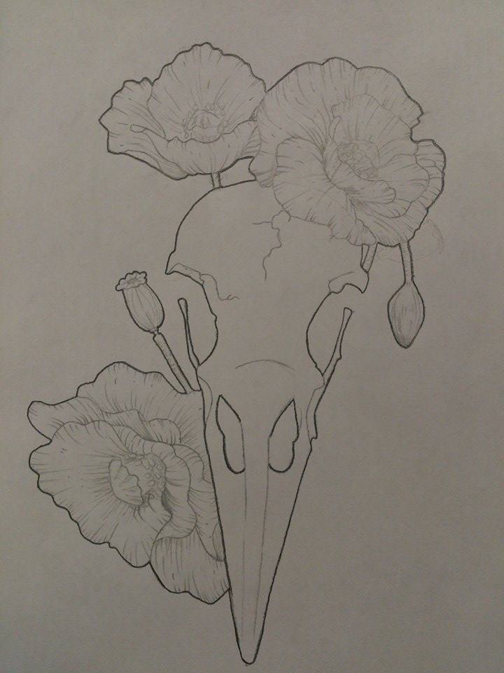 Crow Skull and Red Poppy Design